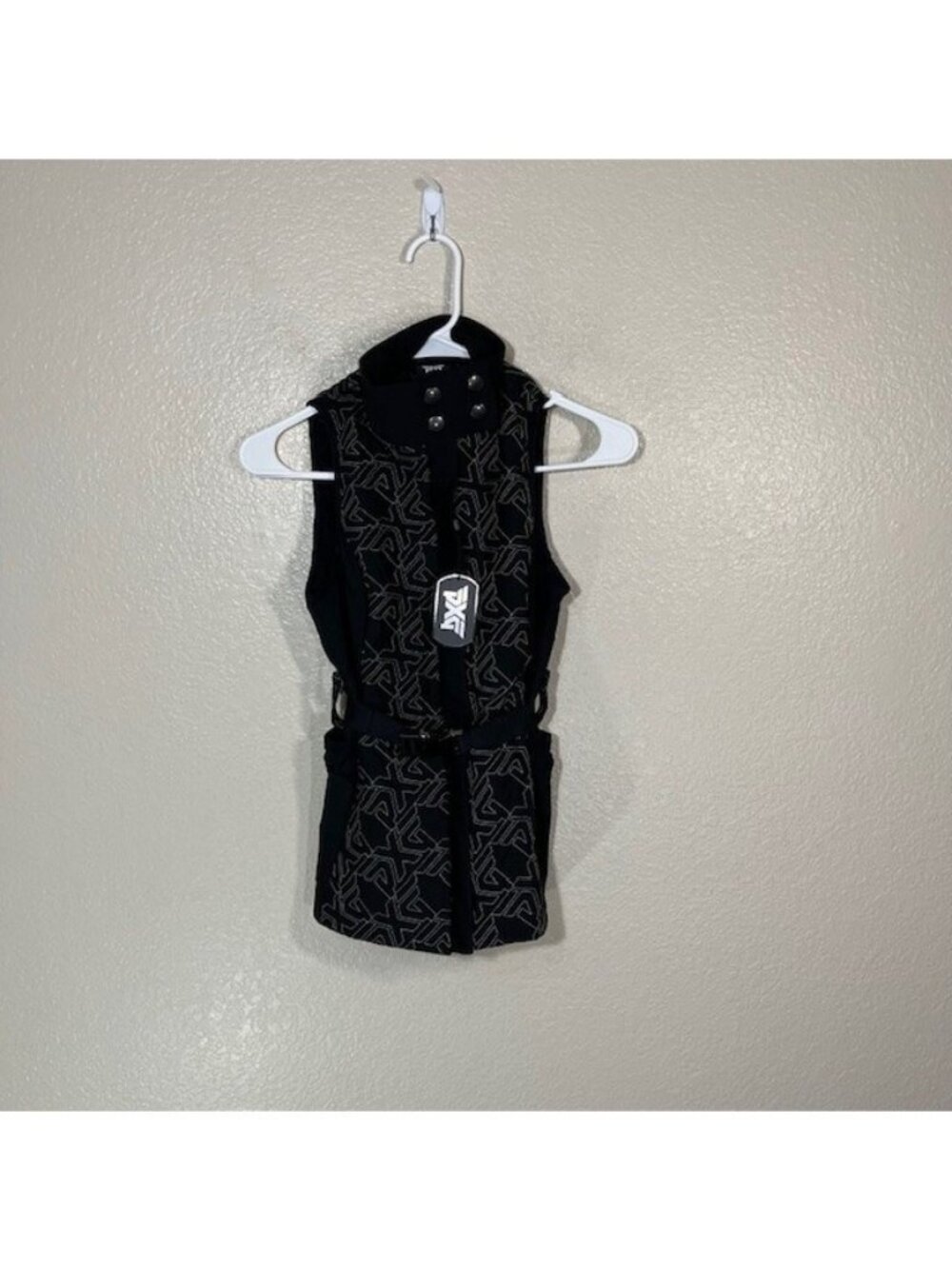 PXG Golf Vest Womens XS Jacket All Over Logo Belted Black White NEW $150